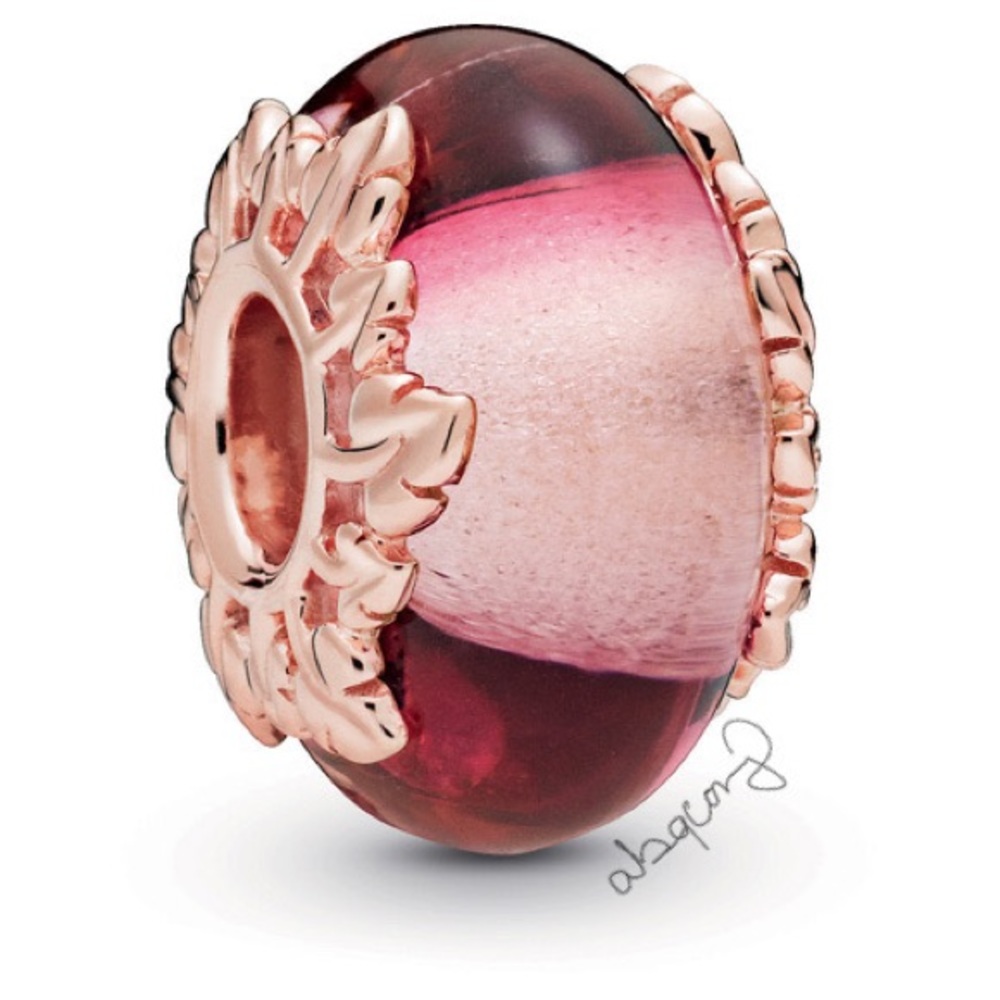 EUC Pandora 788244 Pandora Rose Pink Murano Glass & Leaves Charm